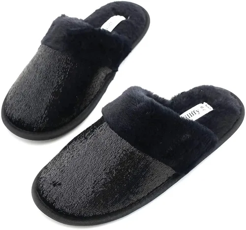 Vista 2 de Zapatillas de mujer con lentejuelas Big Fuzzy Babba Magic Lentejuelas Negro Rose House Zapatillas Mujer Lentejuelas Maggie Adornado Zapatillas