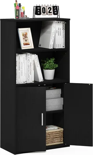 Vista 29 de Furinno Gruen - Estantería pequeña de 2 niveles, estantería con estante abierto y armario de almacenamiento de puertas, 9.3 x 21.8 x 27 pulgadas