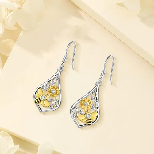 Vista 173 de Aretes colgantes de plata de ley con diseño de árbol de la vida, flor, abeja, animales, gato, colibrí, piedra lunar, turquesa, aretes con cierre