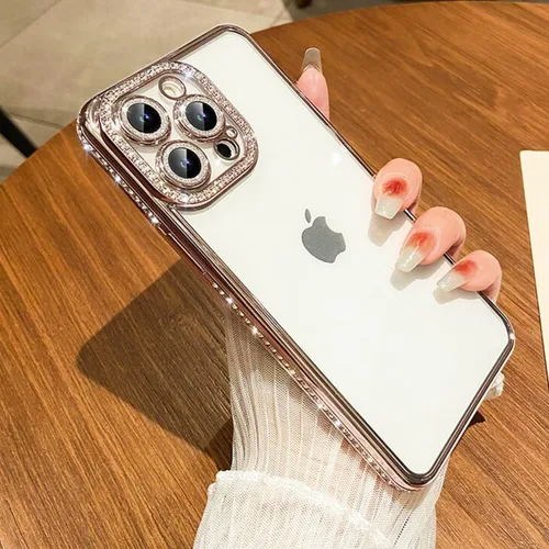 Vista 6 de Changjia Funda transparente con purpurina para iPhone 15 Pro, diamantes de imitación brillantes de lujo con protector de cámara, revestimiento
