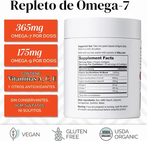 Vista 5 de sibu Kit de inicio de cápsulas blandas de espino amarillo Omega-7 (60 unidades, suministro para 30 días) - Suplemento para piel, cabello, uñas