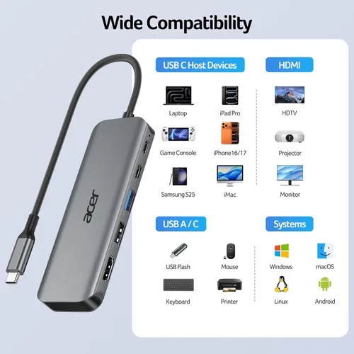 Vista 9 de Acer Hub USB C, adaptador USBC 5 en 1 a HDMI con 4K @60Hz para portátil/Mac