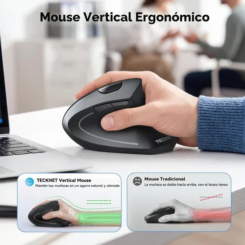 Vista 6 de TECKNET Ratón Ergonómico, Ratones Verticales Recargables 2.4G+Bluetooth 6 DPI Ajustables, Ratón Óptico Inalámbrico para Túnel Carpiano Mano Derecha