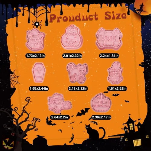 Vista 3 de Cortadores de galletas de Halloween, 8 sellos de galletas con linda calabaza, fantasma, gato, cráneo, búho, bruja y ataúd, impresión 3D mini