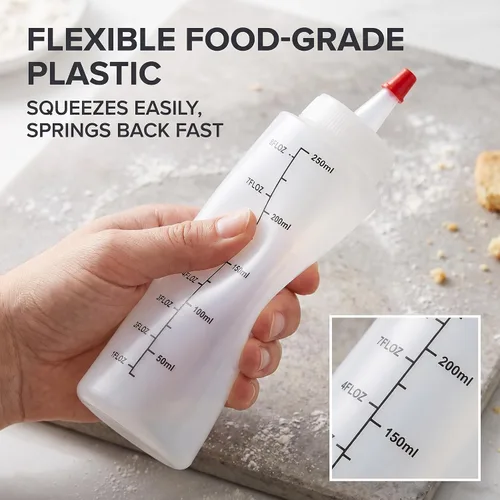 Vista 3 de Botellas de condimentos exprimibles de 8.5 fl oz/8.80Z, botellas exprimibles para salsas, botella medidora pequeña con boquilla, dispensación