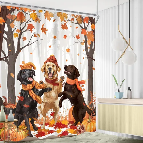 Vista 3 de AMBZEK Cortina de ducha de otoño para perro, 60 pulgadas de ancho x 72 pulgadas de largo, hojas de arce, calabaza, caricatura, cachorro, divertidos