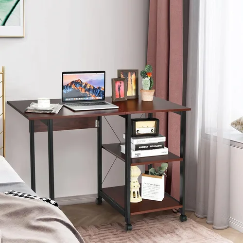 Vista 5 de Tangkula Escritorio plegable móvil para computadora, escritorio moderno con estantes de almacenamiento de 2 niveles, escritorio de estudio