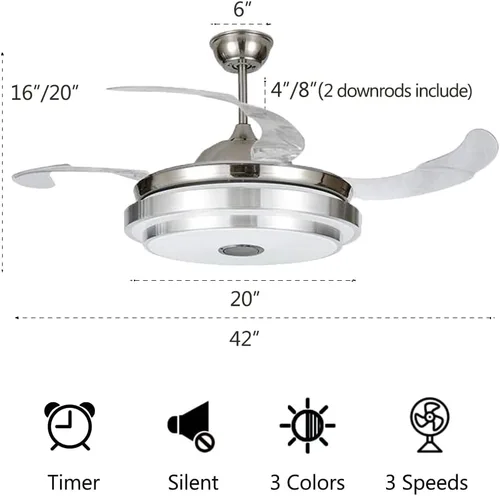Vista 7 de Ventilador de techo de 42 pulgadas con luz y altavoz Bluetooth, moderno ventilador de techo retráctil plateado con control remoto, 3 cambios