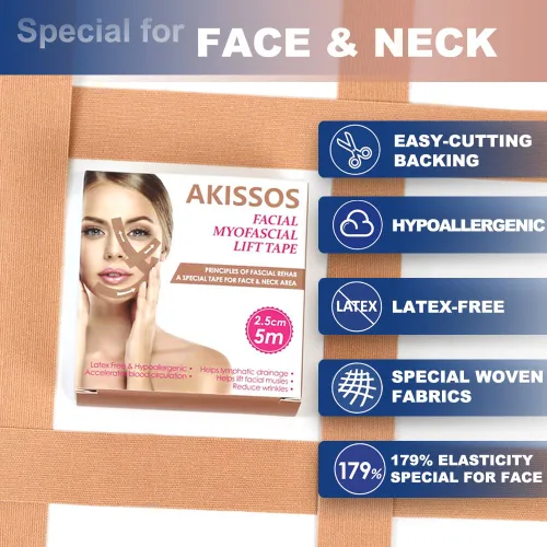 Vista 4 de Akissos Cinta de elevación miofascial facial Cinta de elevación facial Cintas tonificantes faciales Parches antiarrugas Adhesivos anticongelación