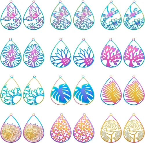 Vista 7 de FASHEWELRY 50 piezas de conectores de filigrana de mariposa de acero inoxidable, adornos de metal grabados con arco iris para fabricación de joyas