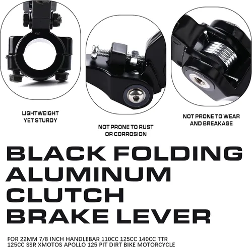 Vista 3 de Palanca de freno de embrague de aluminio plegable negra para manillar de 0.866 in 7/8 pulgadas 110cc 125cc 140cc TTR 125cc SSR Xmotos Apollo 125 Pit