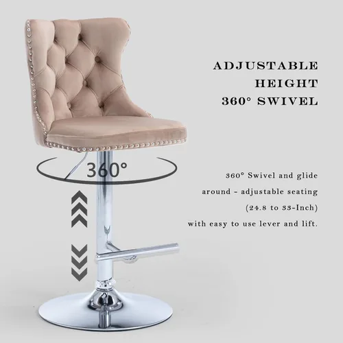 Vista 56 de SoarFlash Juego de 2 taburetes de bar tapizados de terciopelo moderno con patas de madera, botones acolchados, cabeza de clavo cromada, asiento