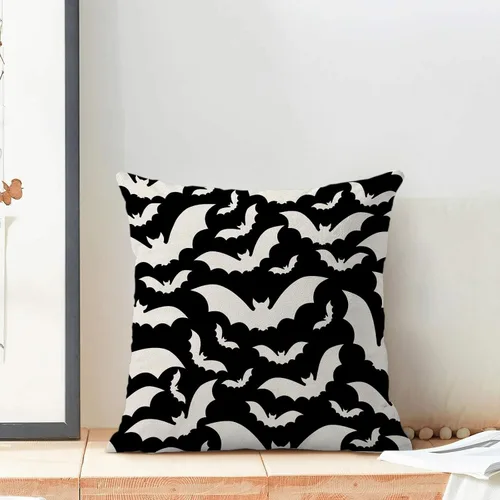 Vista 4 de Juego de 2 fundas de almohada de Halloween de 16 x 16 pulgadas, fundas de almohada de murciélagos negros y crema, fundas de cojín decorativas