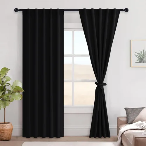 Vista 115 de Hiasan Cortinas opacas negras para dormitorio, cortinas opacas cortas de 45 pulgadas de largo, con aislamiento térmico, bolsillo para barra