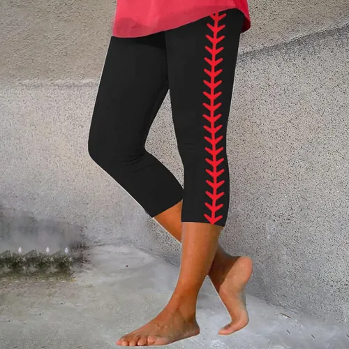 Vista 2 de Leggings capri para mujer, leggings de cintura alta con estampado de béisbol para mujer, mallas atléticas para yoga, entrenamiento, pantalones