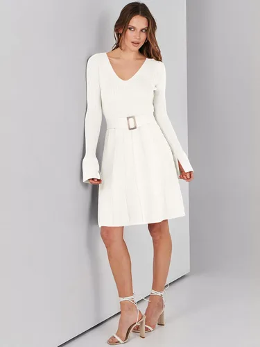 Vista 9 de ANRABESS Vestido tipo suéter de manga larga con cuello en V y lazo en la cintura, plisado, acampanado, elegante, de punto acanalado, vestido midi