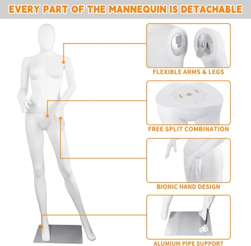 Vista 3 de Maniquí femenino Forma de vestido blanco Cuerpo completo Maniquí Cuerpo 70 pulgadas Maniquines ajustables Modelo de vestido de plástico Maniquines