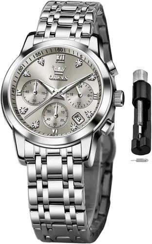Vista 14 de OLEVS Reloj multifuncional de dos tonos para mujer, reloj analógico de cuarzo para mujer, de acero inoxidable, resistente al agua, con diamantes
