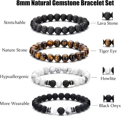 Vista 3 de RANKEEF - Pulsera de ojo de tigre para hombre, elástica, ajustable, cuentas de vidrio color negro, 516 de pulgada