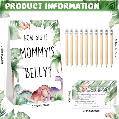 Vista 107 de Sabary 64 Piezas Juegos de Baby Shower Incluyen Letrero How Big is Mommy's Belly Sign Measure Bump Game 50 Tarjetas 10 Lápices 3 Cintas Métricas