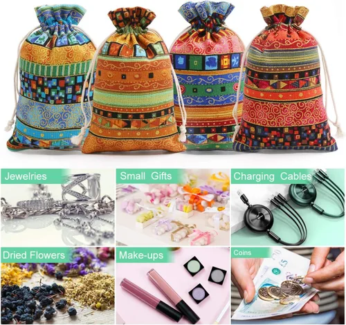 Vista 4 de SumDirect Bolsa de arpillera de lino estilo étnico egipcio, 20 bolsas de regalo de 4 x 6 pulgadas con cordón, bolsas de algodón reutilizables