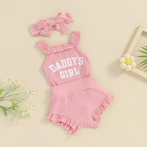 Vista 3 de Ropa para bebé niña Daddys Girls Ruffle Romper Top Manga Corta Body Floral Tutu Shorts Conjunto Recién Nacido Verano Traje