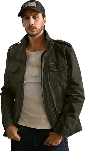 Vista 5 de WenVen Chaqueta ligera de estilo militar para hombre, rompevientos de algodón de sarga