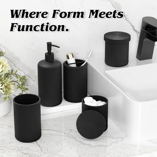 Vista 3 de Juego de accesorios de baño de cristal negro, 5 piezas, dispensador de jabón acanalado vintage, soporte para cepillo de dientes, vaso, tarro Qtip