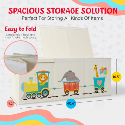 Vista 2 de Organizador de almacenamiento de juguetes plegable extra grande con tapas, caja de juguetes de tren de animales para niños y niñas, 40 x 16 x 16