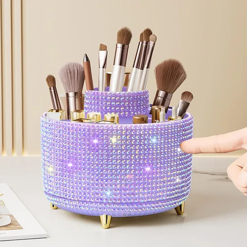 Vista 8 de Organizador para brochas de maquillaje, organizador de brochas de maquillaje giratorio 360°, taza con 5 ranuras para brochas de maquillaje