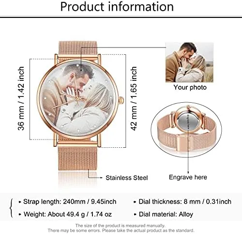 Vista 4 de JewelOra Reloj de fotos personalizado para mujeres y hombres, reloj personalizado con imagen grabada, relojes de pulsera de acero inoxidable