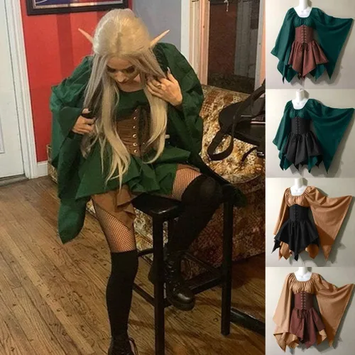 Vista 3 de Vestido irlandés tradicional para mujer, disfraz medieval renacentista, manga acampanada, falda de corsé, vestido gótico victoriano