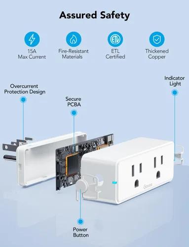 Vista 7 de Govee Paquete de 2 enchufes inteligentes duales, toma Bluetooth WiFi de 15 A, funciona con Alexa y Google Assistant, diseño compacto 2 en 1, control