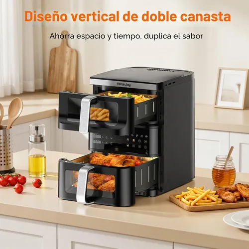 Vista 2 de Freidoras de aire verticales compactas de doble cesta de 13 cuartos con ventana de visualización Freidora de aire de doble zona de 1800 W con luz