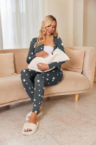 Vista 4 de Ekouaer Ropa interior térmica con botones para mujer, pijama de maternidad con forro polar de microfibra, conjunto de pijamas de invierno largo