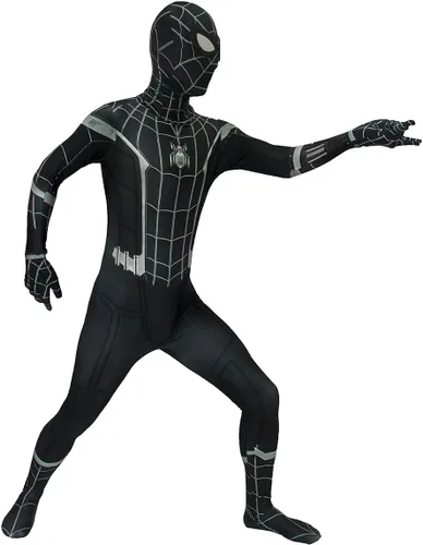 Vista 3 de PREQUA Disfraz de superhéroe de Halloween para hombre, cosplay, traje negro, Zentai, overol de juego de simulación para niños y adultos