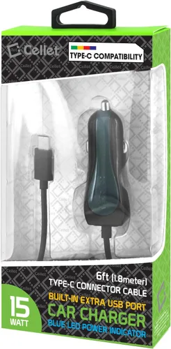Vista 9 de Cellet Cargador de coche de doble puerto USB de 15 vatios de carga rápida con cable tipo C de 4 pies de alta potencia de 3 amperios compatible