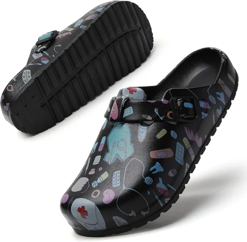 Vista 6 de Zuecos de enfermera estampados para mujer: zuecos de jardín sin cordones, impermeables, ligeros, duraderos, antideslizantes, cómodos para turnos