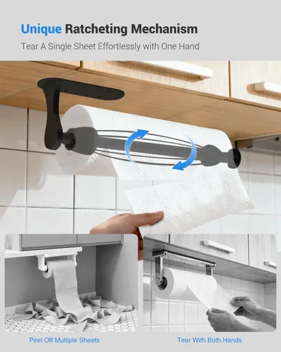 Vista 2 de Soporte para toallas de papel debajo del gabinete, desgarre con una mano, montaje en pared, adhesivo, negro, soporte para rollo de papel