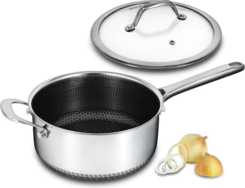 Vista 10 de Cacerola híbrida antiadherente de 1.5 cuartos de galón con tapa, olla de panal de acero inoxidable con dos boquillas de vertido, compatible