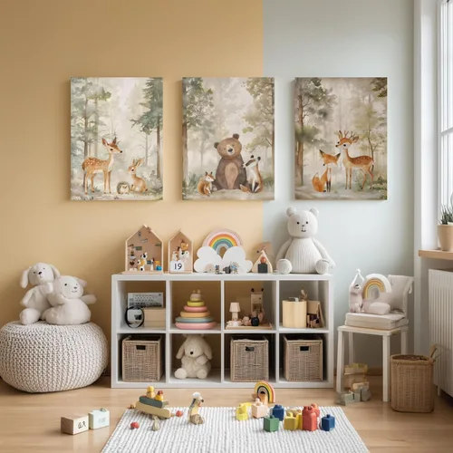 Vista 2 de Cyebmo Juego de 3 pinturas enmarcadas de animales del bosque, decoración de pared de animales salvajes del bosque, decoración de pared, pintura