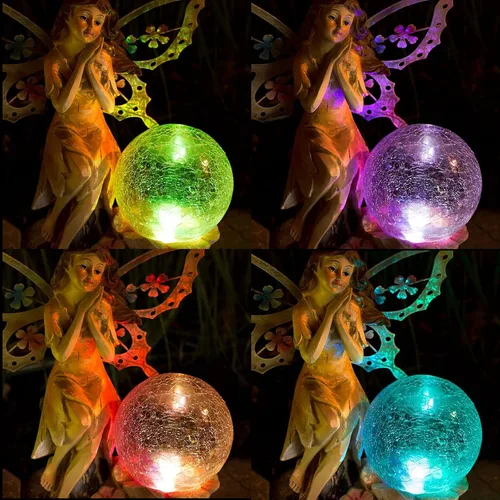 Vista 6 de Luz solar de jardín de hadas con globo de cristal agrietado LED que cambia