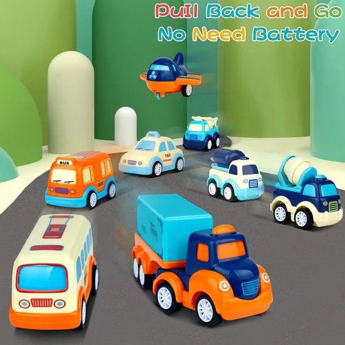 Vista 4 de Paquete de 9 autos de juguete para niños y niñas de 2, 3, 4, 5 años, camión de transporte grande con 8 pequeños camiones de tracción y lindos, juego