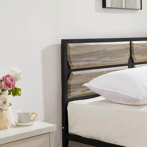 Vista 6 de VECELO Base de cama tamaño Queen con cabecera y estribo de madera, base de colchón de plataforma de cama Queen, soporte de listones de acero,