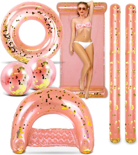 Vista 7 de POZA Paquete inflable para casa completa – Tubo flotante de 36 pulgadas con confeti brillante de alta calidad, bolas de playa de 16 pulgadas, fideos