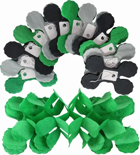 Vista 5 de Guirnalda de serpentinas para decoración de fiesta, color negro, verde y plateado - 12 piezas, guirnalda de papel de trébol de cuatro hojas