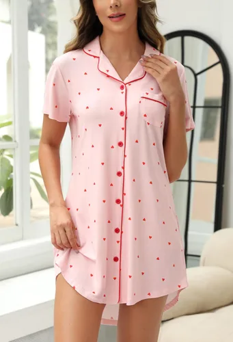 Vista 176 de Samring Camisón de pijama para mujer, manga corta/larga, con botones, camisón para dormir, camisón para novio, talla XXL