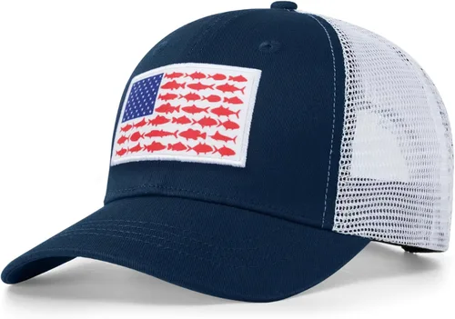 Vista 22 de Sombrero de camionero con bandera de pez estadounidense, regalos de pesca para hombres, sombrero de pesca Snapback perfecto para pesca y uso diario