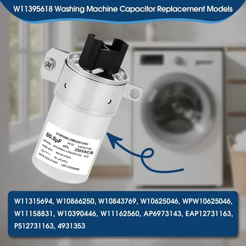 Vista 3 de W11395618 Condensador de funcionamiento del motor 50uF 250VAC 50/60Hz 10000AFC - Condensador de repuesto para lavadora para 4931353, PS12731163