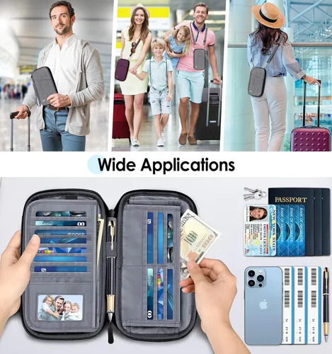Vista 6 de BKNOOU Soporte para pasaporte familiar, organizador de documentos de viaje con correa cruzada para muñeca, cartera impermeable para pasaporte
